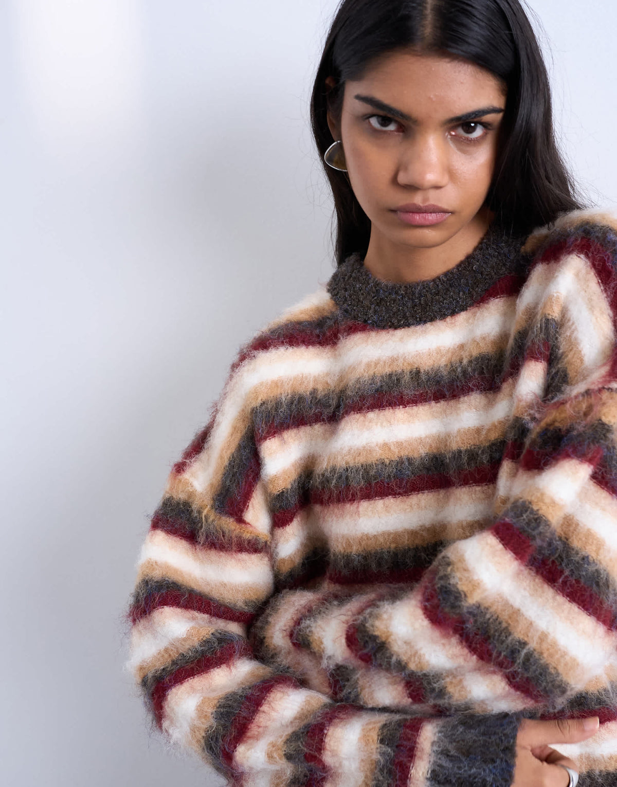 Topshop knitted fluffy stripe jumper in neutral and burgundy