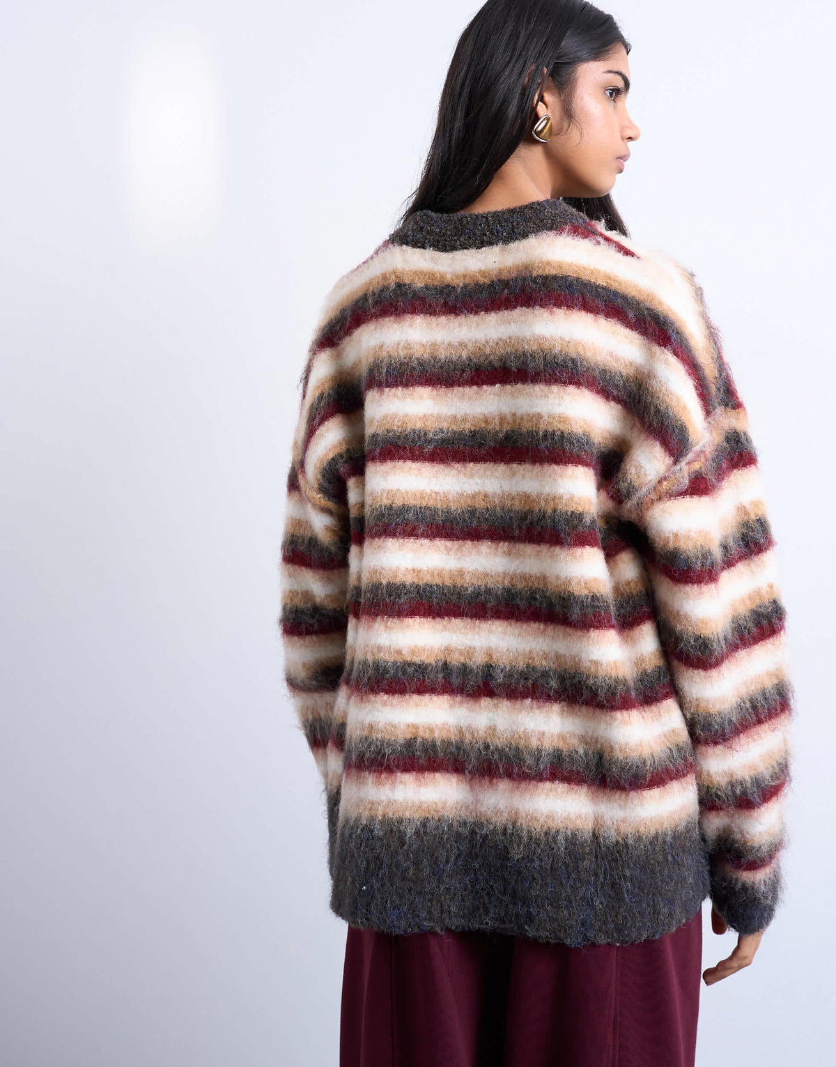Topshop knitted fluffy stripe jumper in neutral and burgundy