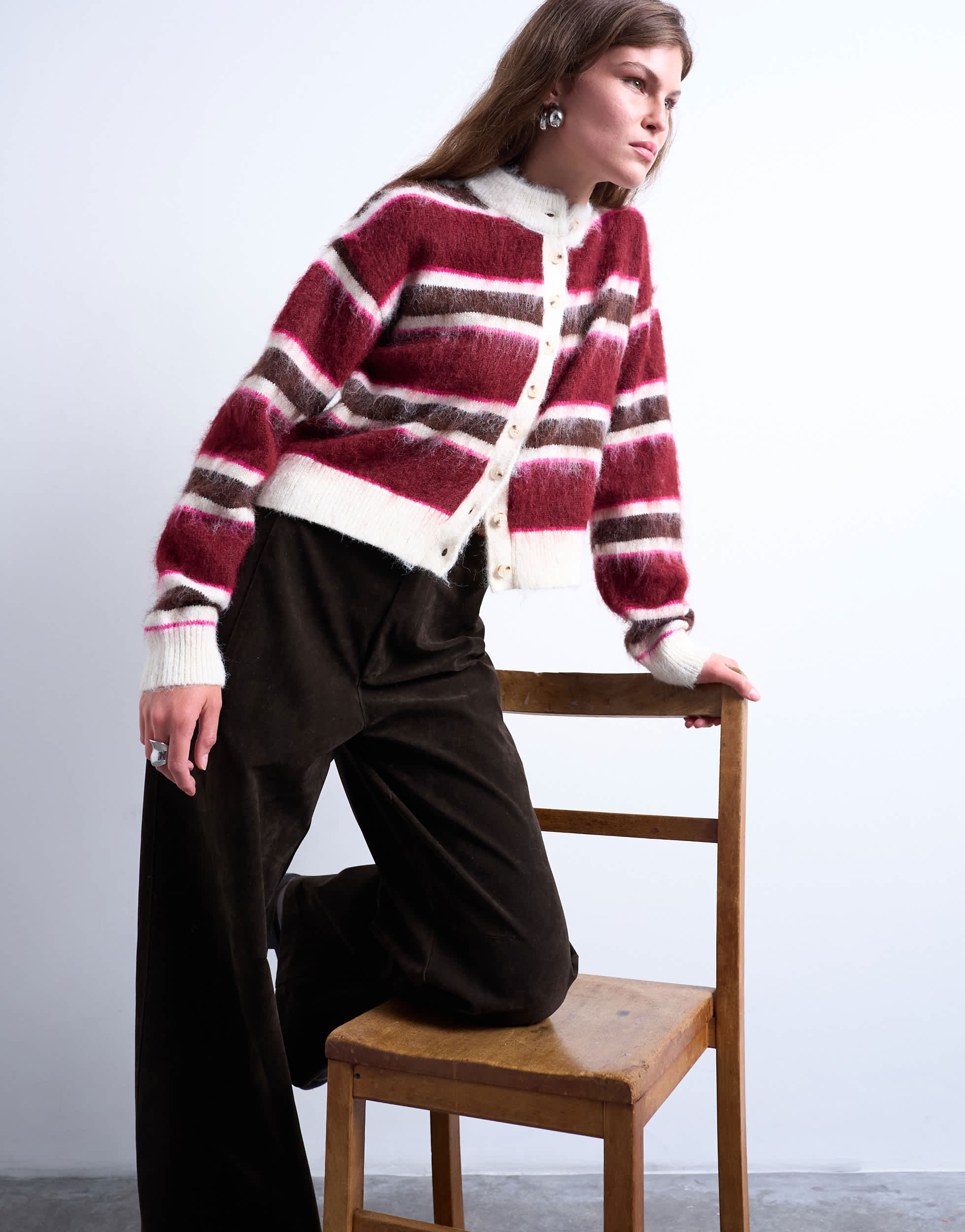 Topshop knitted fluffy stripe cardigan in pink