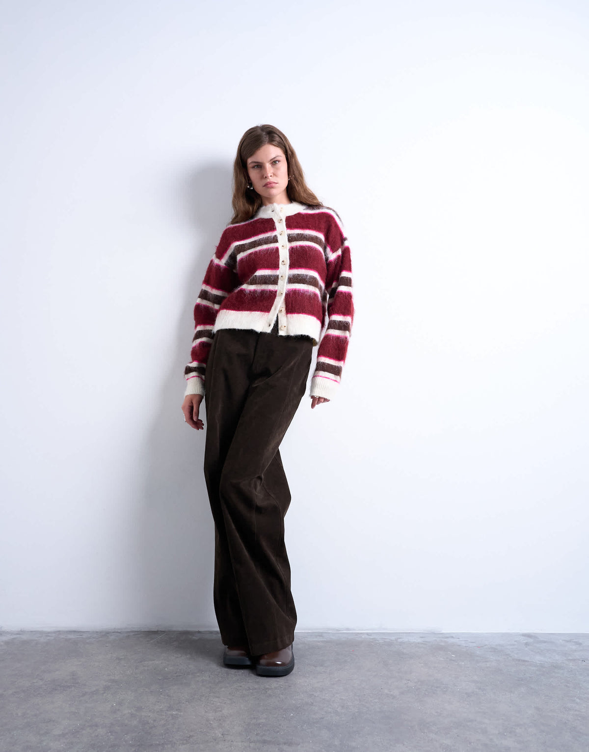 Topshop knitted fluffy stripe cardigan in pink