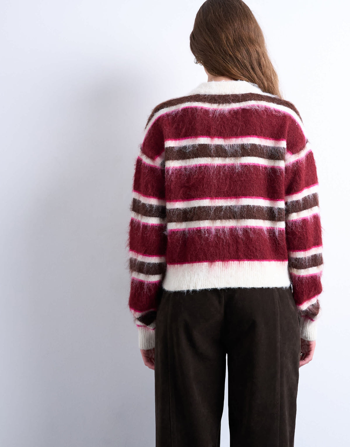 Topshop knitted fluffy stripe cardigan in pink