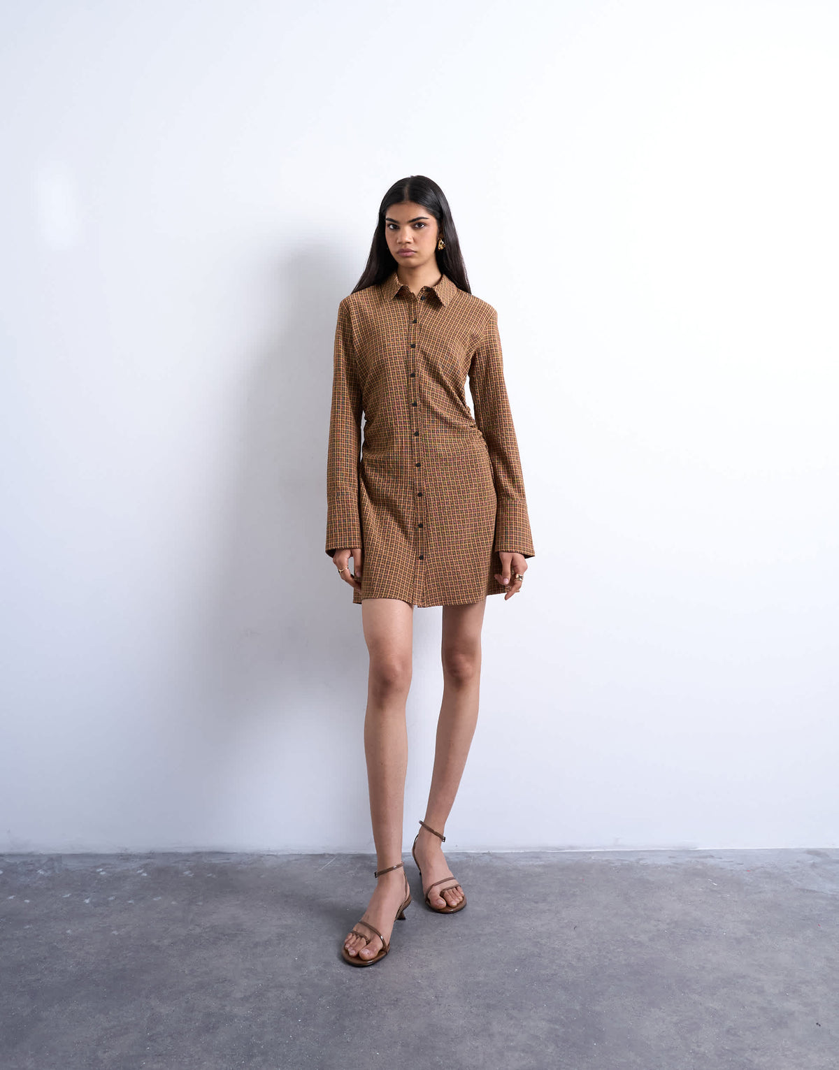 Topshop tuck side shirt dress in mini brown check