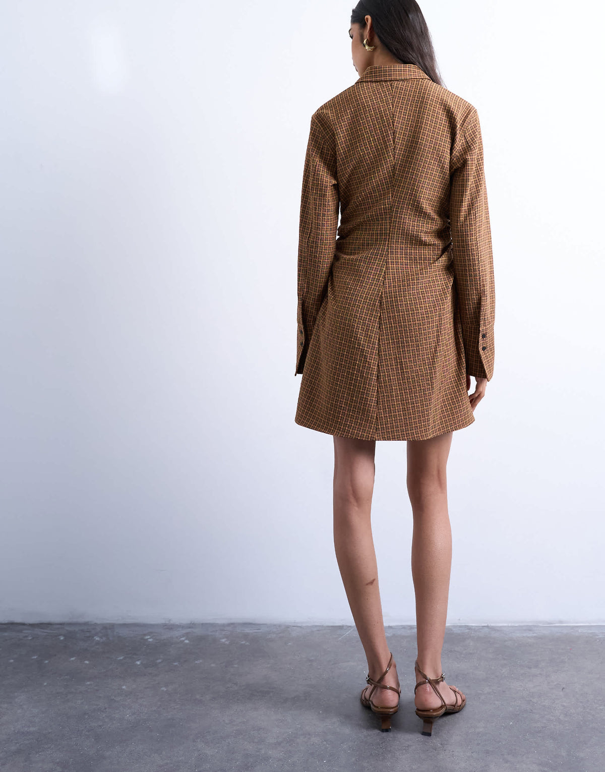 Topshop tuck side shirt dress in mini brown check