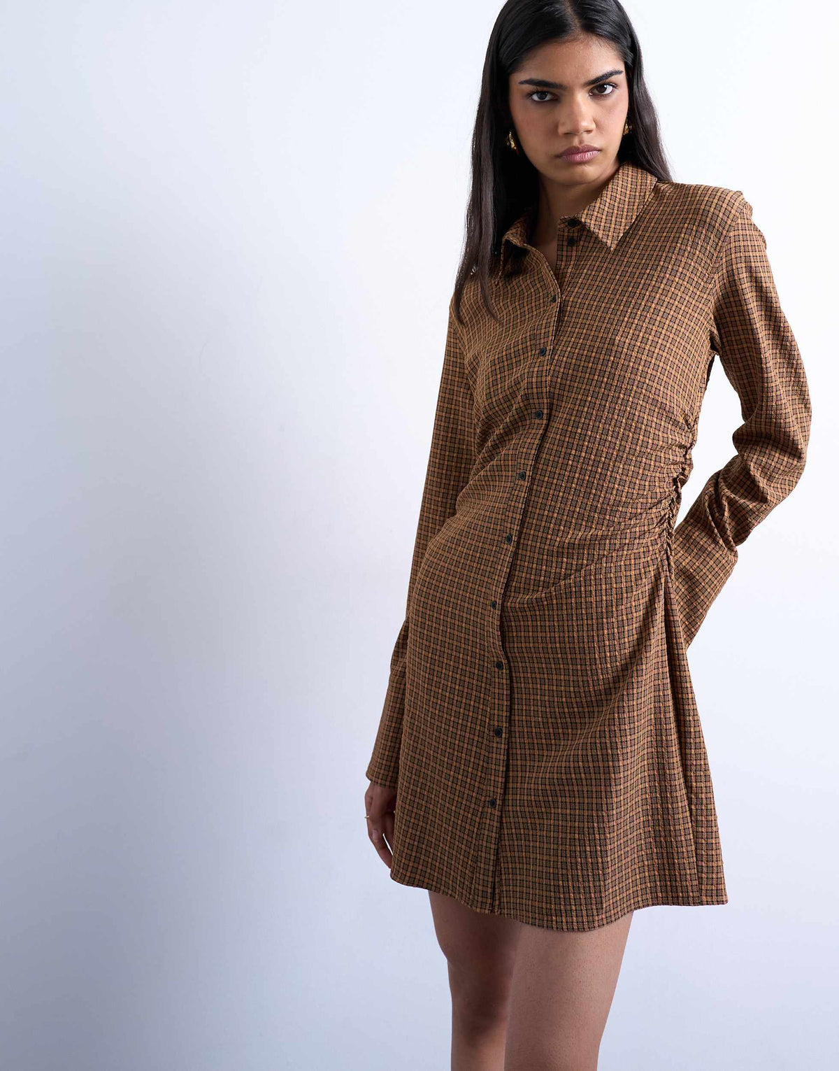Topshop tuck side shirt dress in mini brown check