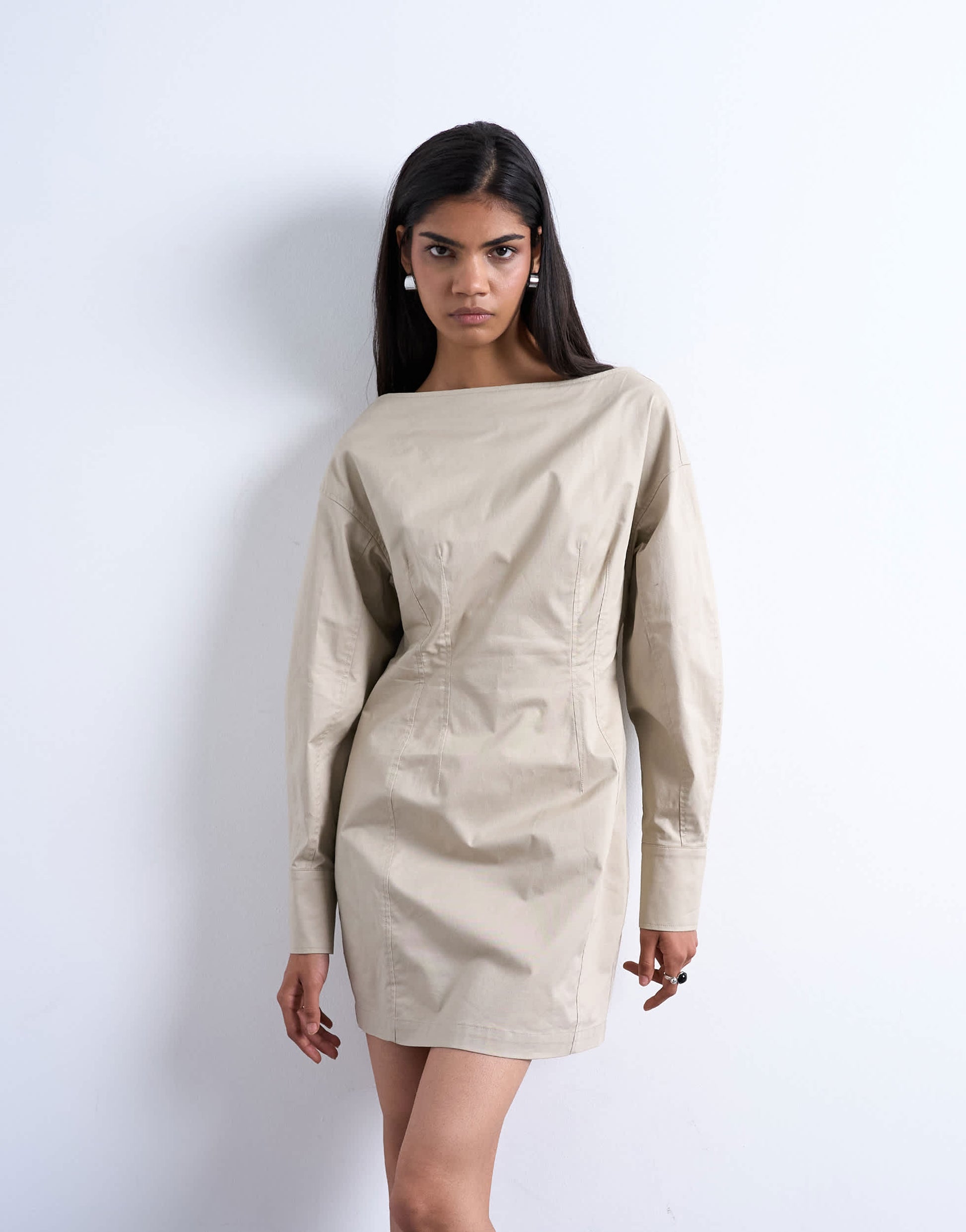 Topshop waisted ovoid sleeve slash neck mini dress in taupe