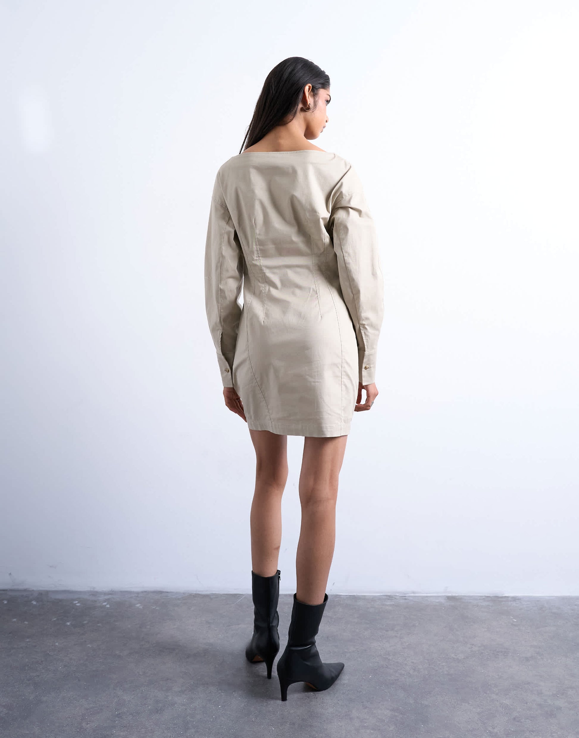 Topshop waisted ovoid sleeve slash neck mini dress in taupe