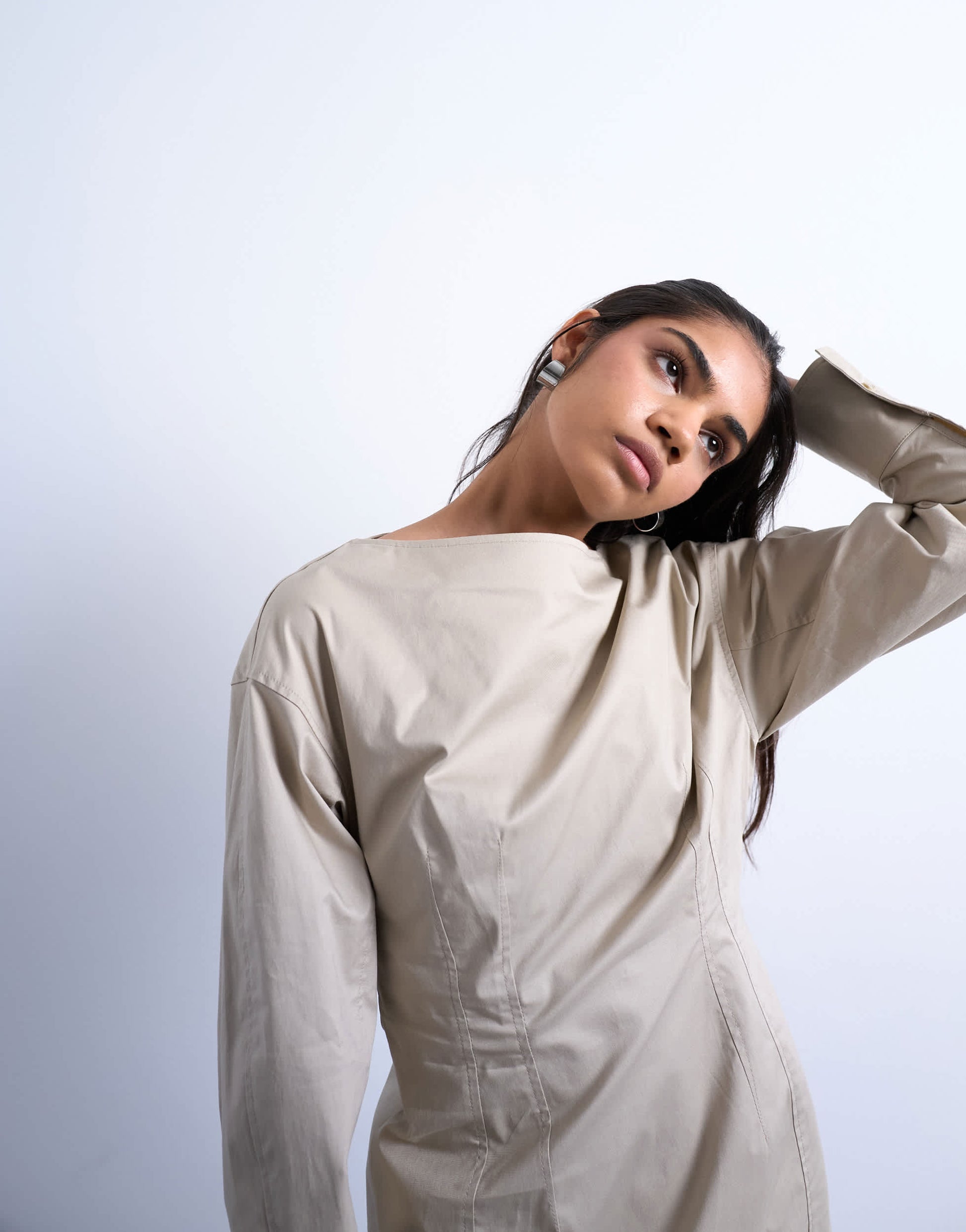 Topshop waisted ovoid sleeve slash neck mini dress in taupe