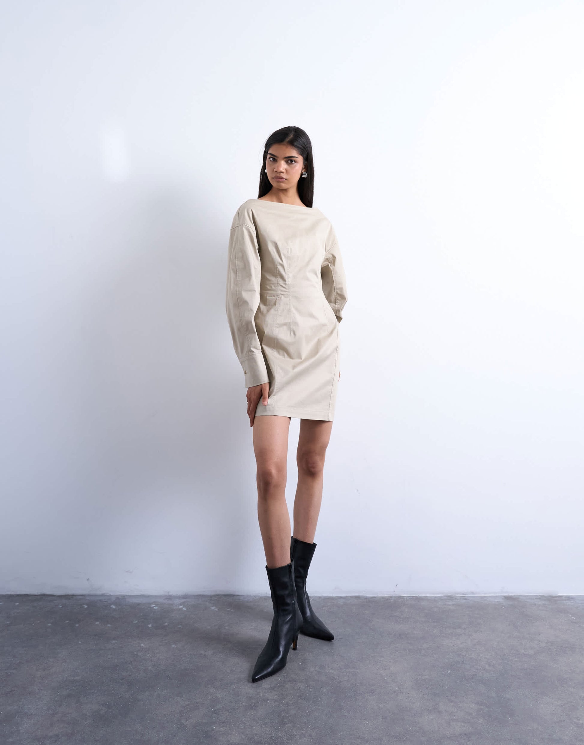 Topshop waisted ovoid sleeve slash neck mini dress in taupe
