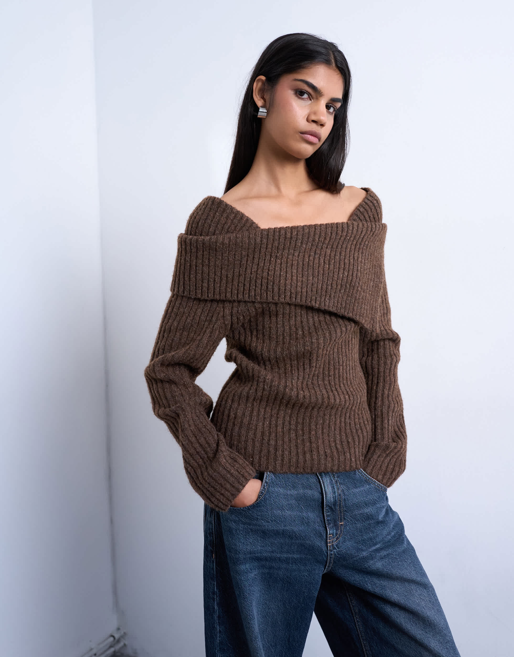 Topshop pull Bardot côtelé en maille chocolat