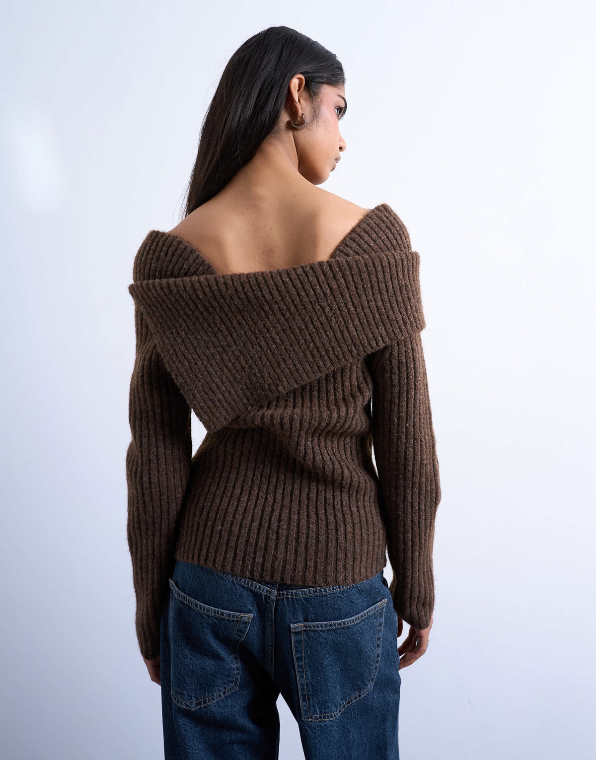 Topshop knitted ribbed bardot in chocolate
