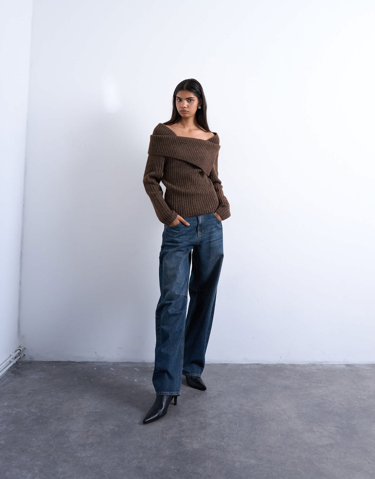 Topshop knitted ribbed bardot in chocolate