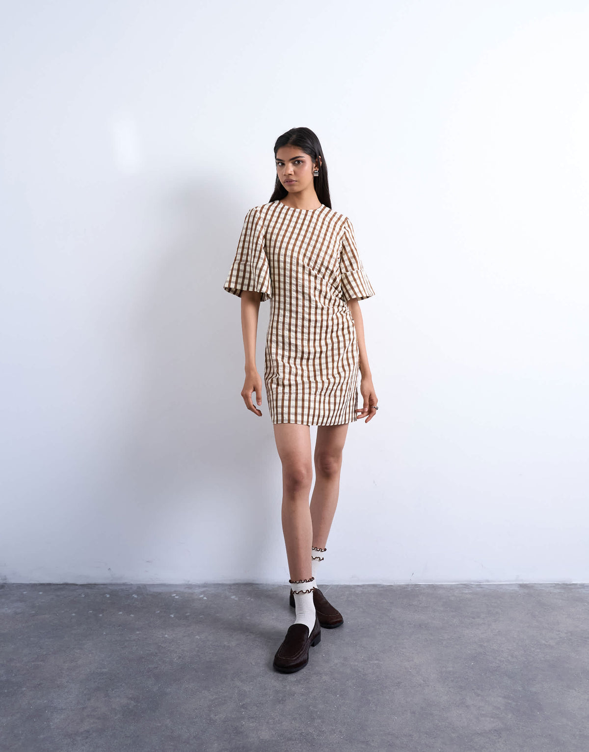 Topshop seersucker T-shirt mini dress in brown check