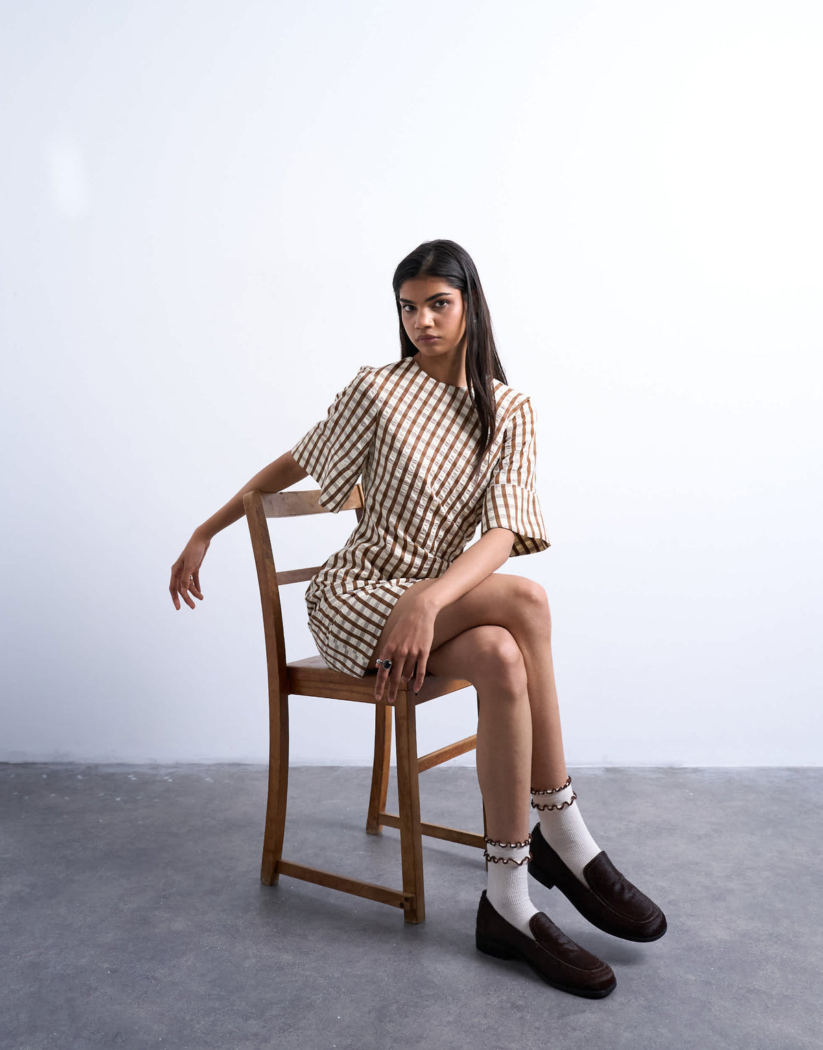 Topshop seersucker T-shirt mini dress in brown check