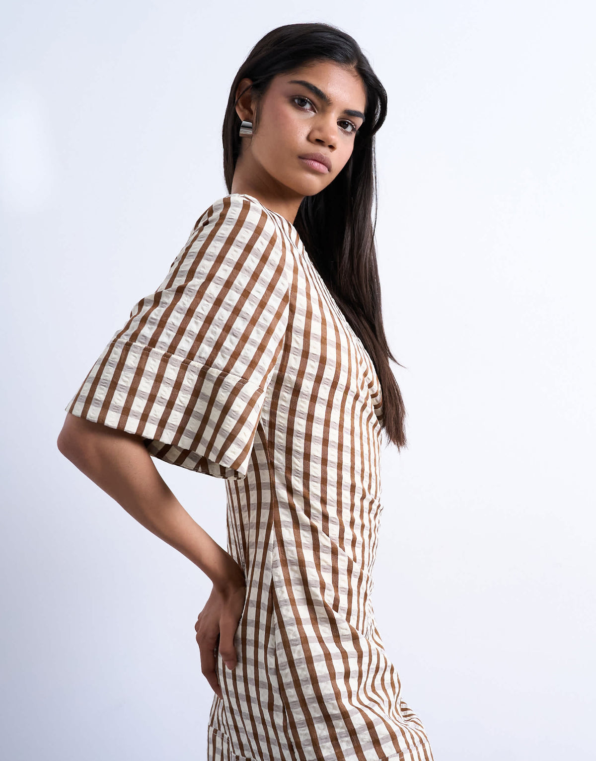 Topshop seersucker T-shirt mini dress in brown check