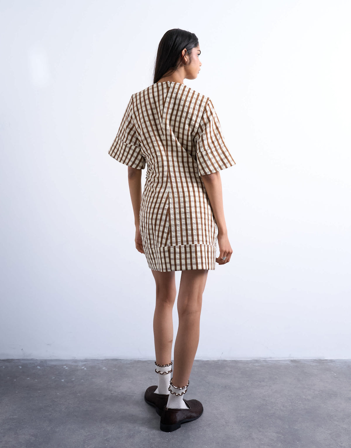 Topshop seersucker T-shirt mini dress in brown check