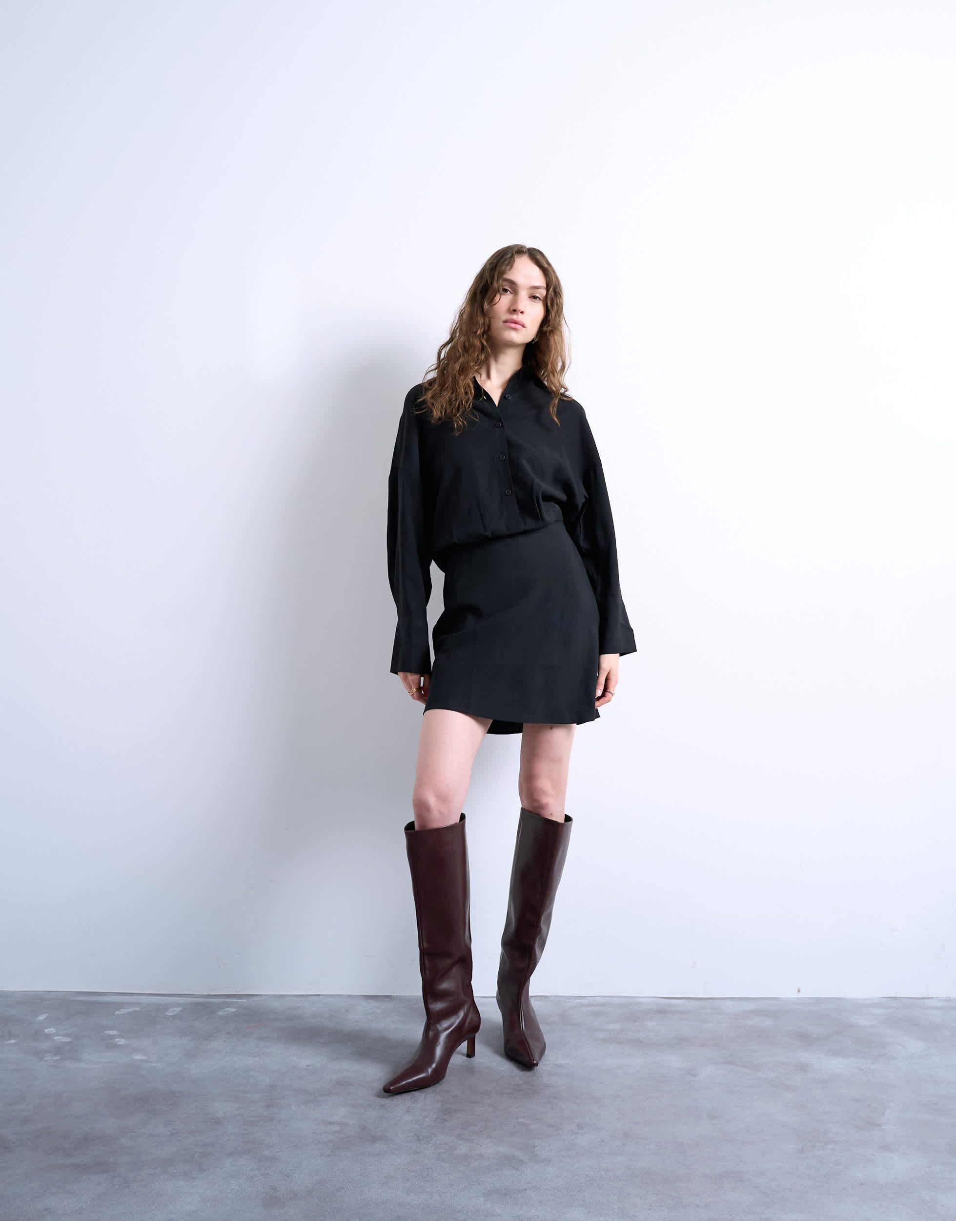 Topshop waisted micro mini shirt dress in black cupro