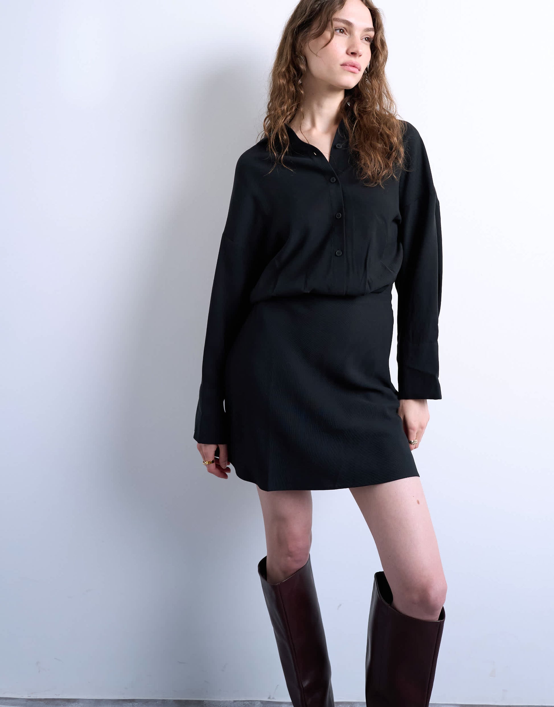 Topshop waisted micro mini shirt dress in black cupro