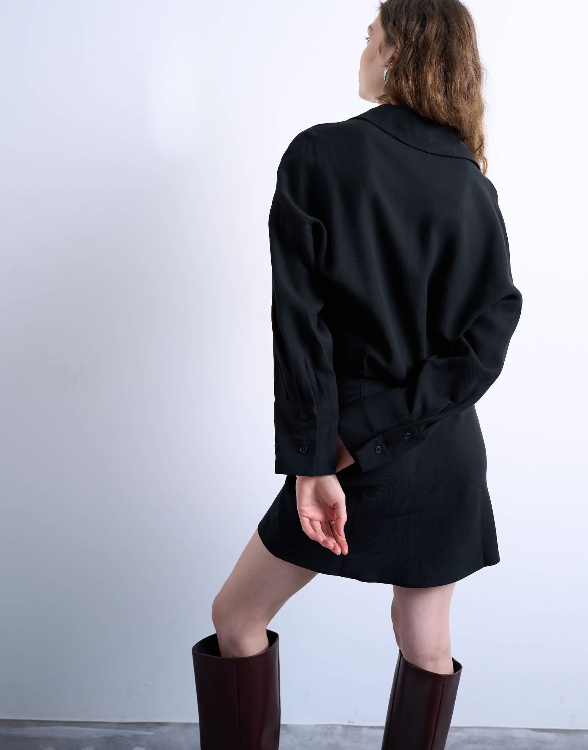 Topshop waisted micro mini shirt dress in black cupro