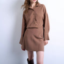 Topshop waisted micro mini shirt dress in brown cupro