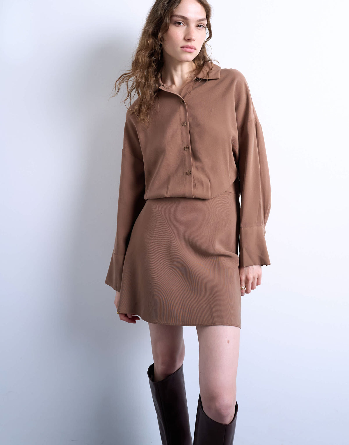 Topshop waisted micro mini shirt dress in brown cupro