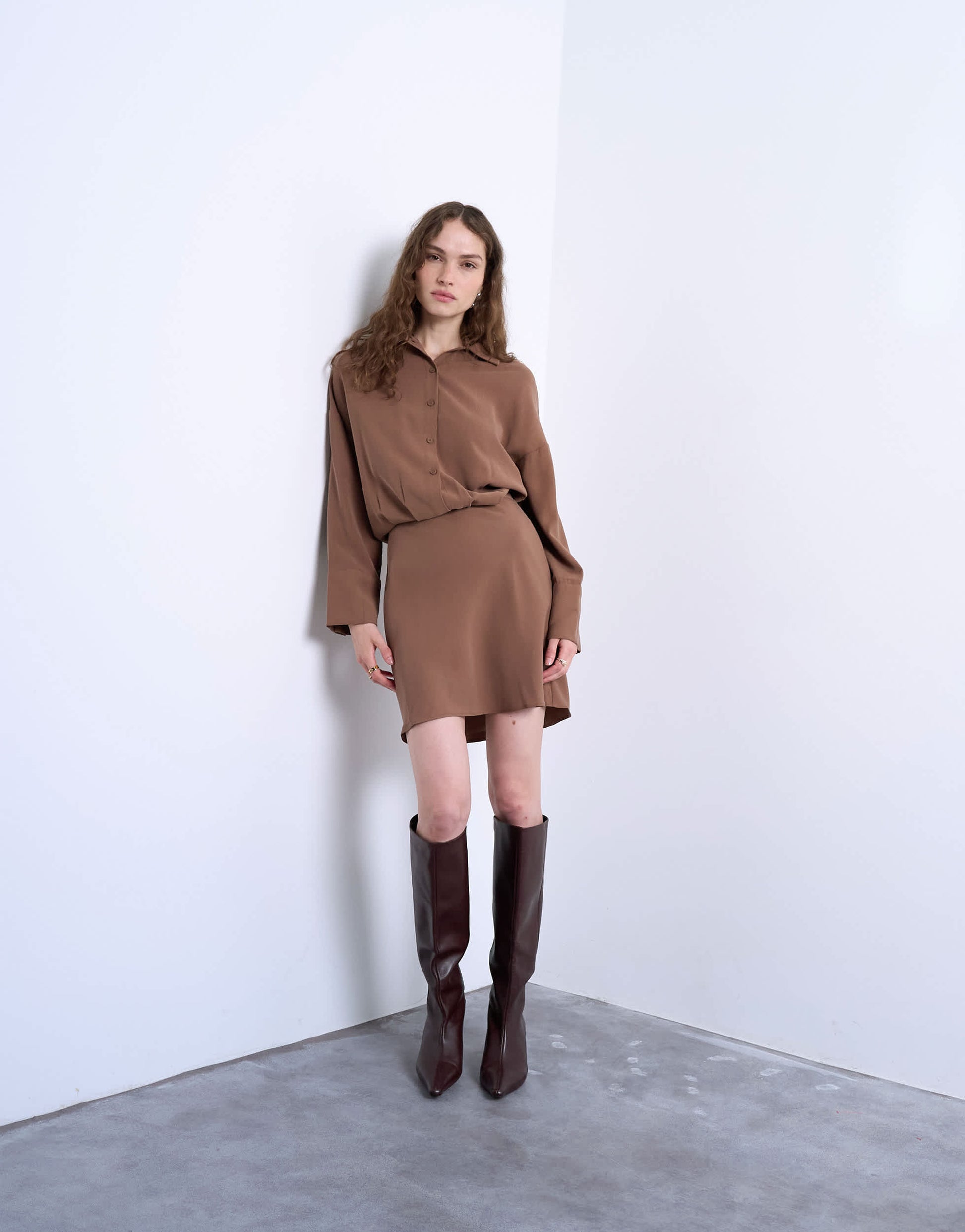 Topshop waisted micro mini shirt dress in brown cupro