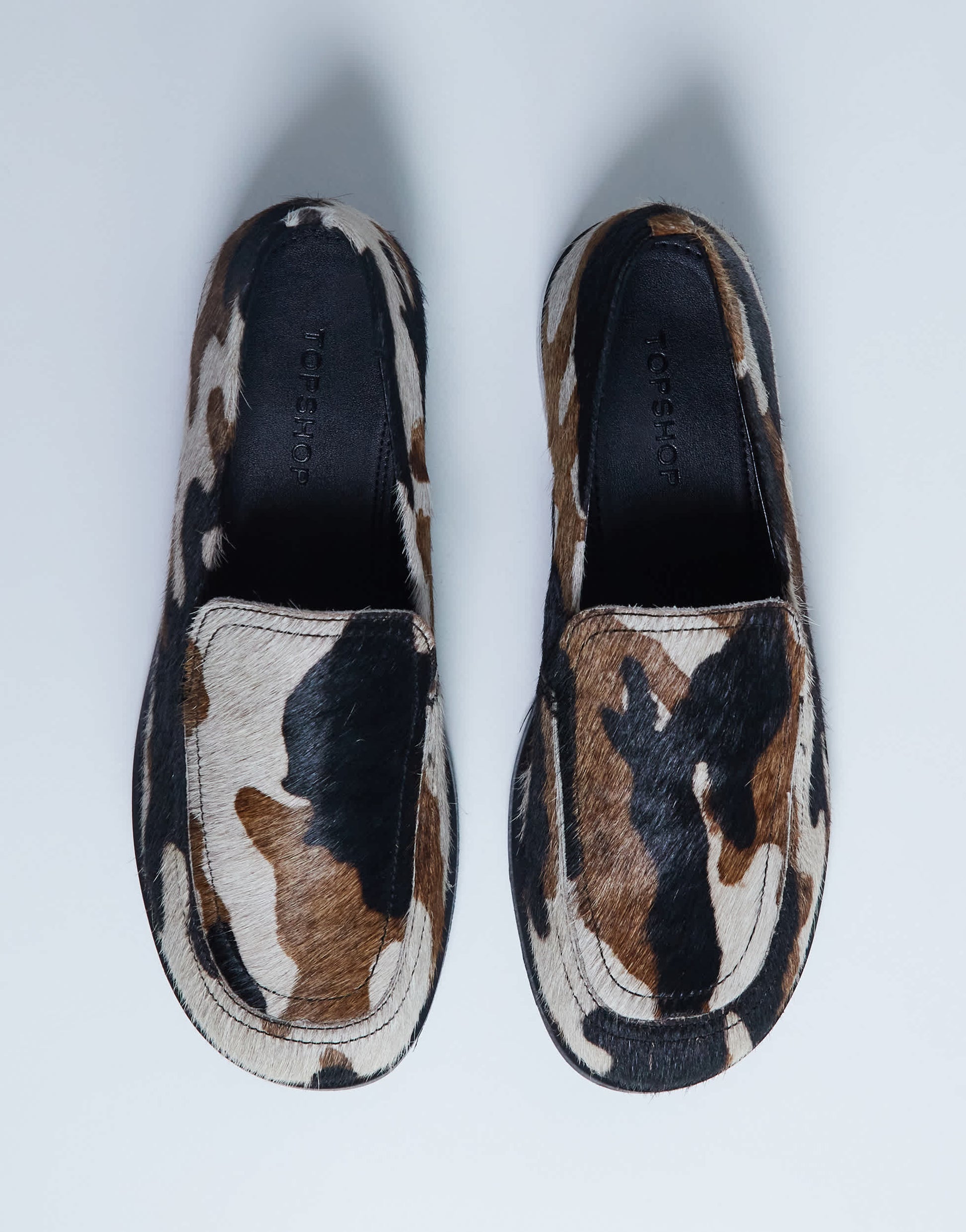 Topshop Corrie flat shoe loafer in hair on real leather animal print 