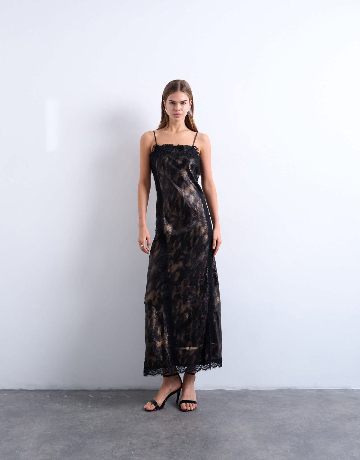 Topshop lace slip midi in metallic abstract print