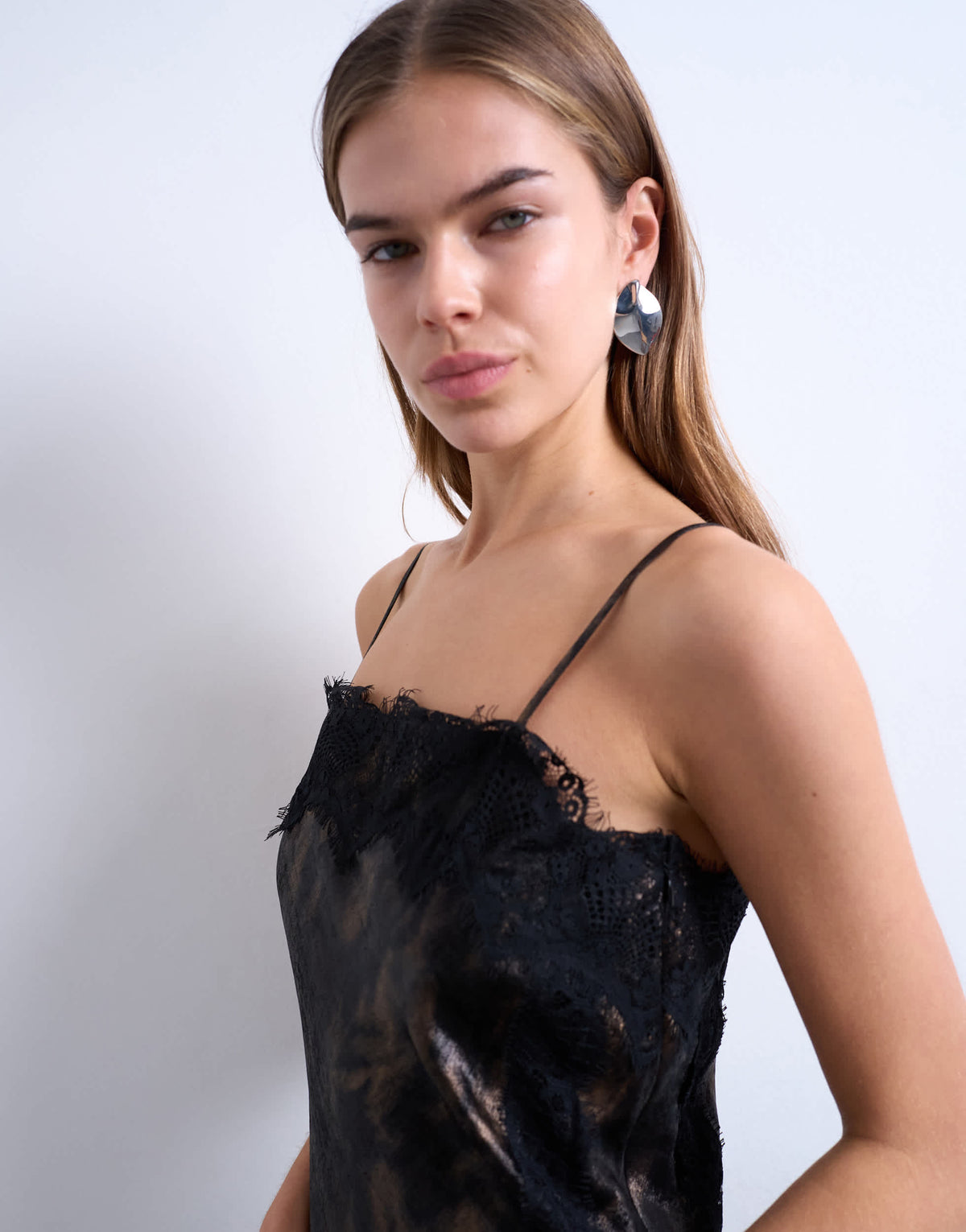 Topshop lace slip midi in metallic abstract print