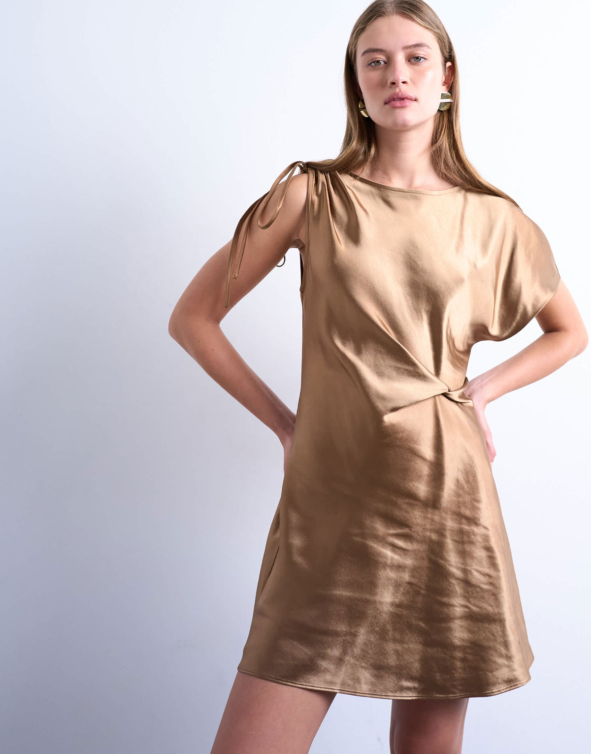Topshop asymmetric tuck side satin mini dress in caramel