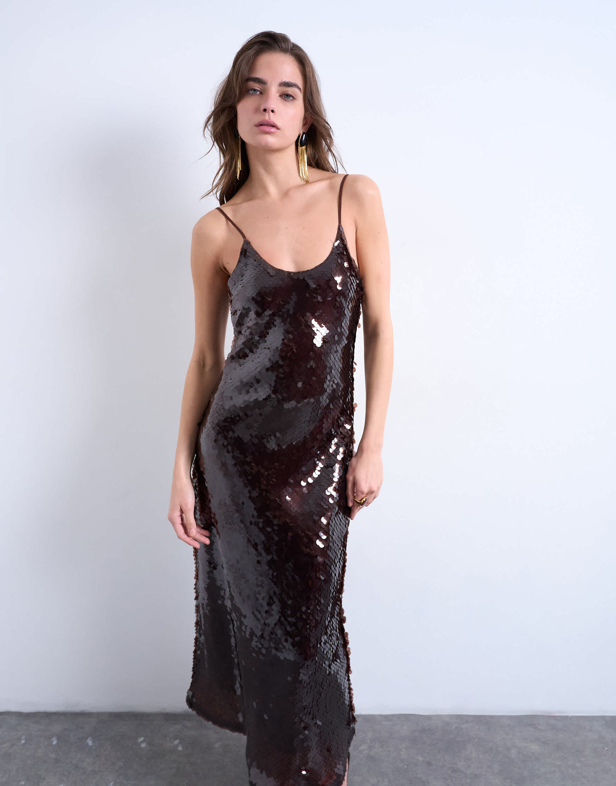 Topshop sequin maxi slip dress in chocolate