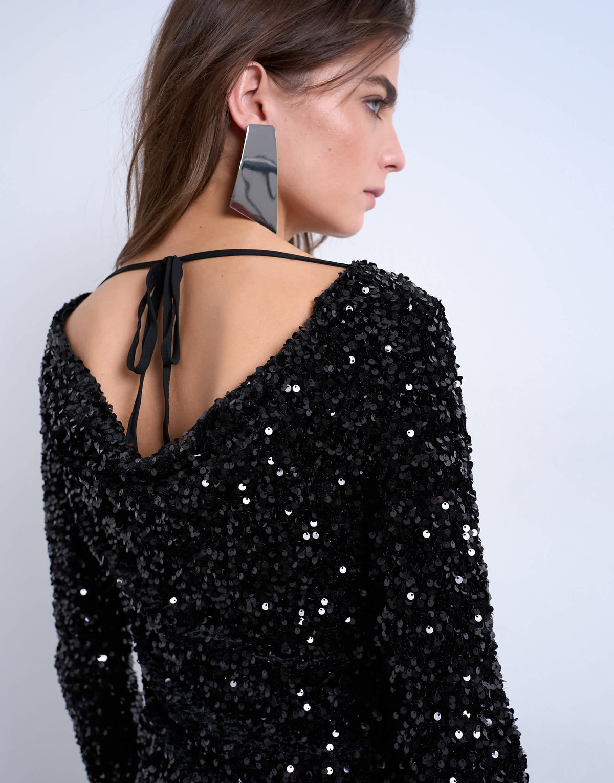 Topshop longsleeve cowl back mini sequin velvet dress in black