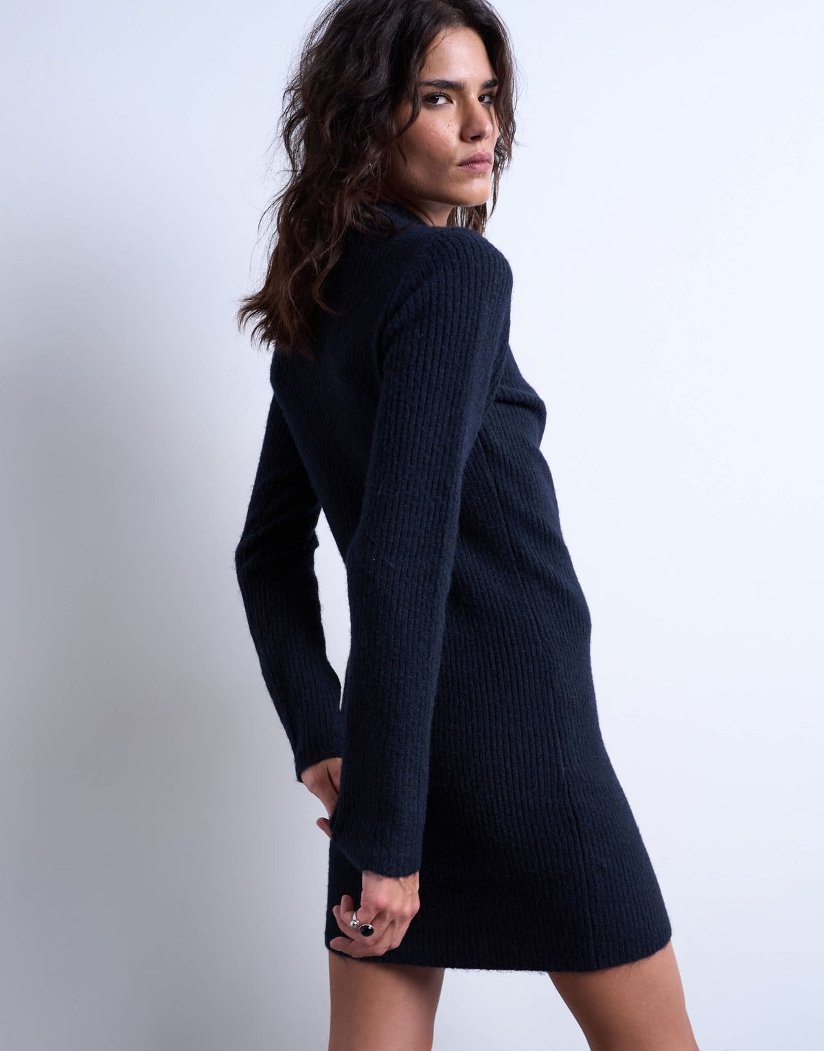 Topshop knitted crew neck button through mini dress in navy