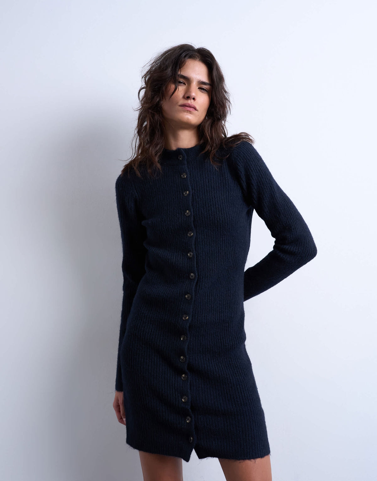 Topshop knitted crew neck button through mini dress in navy