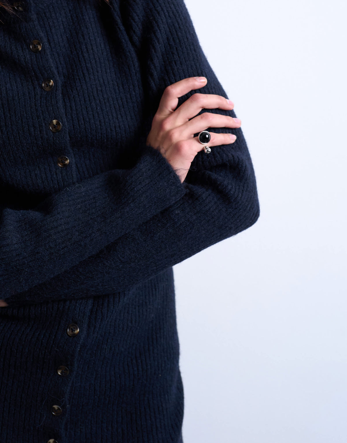 Topshop knitted crew neck button through mini dress in navy