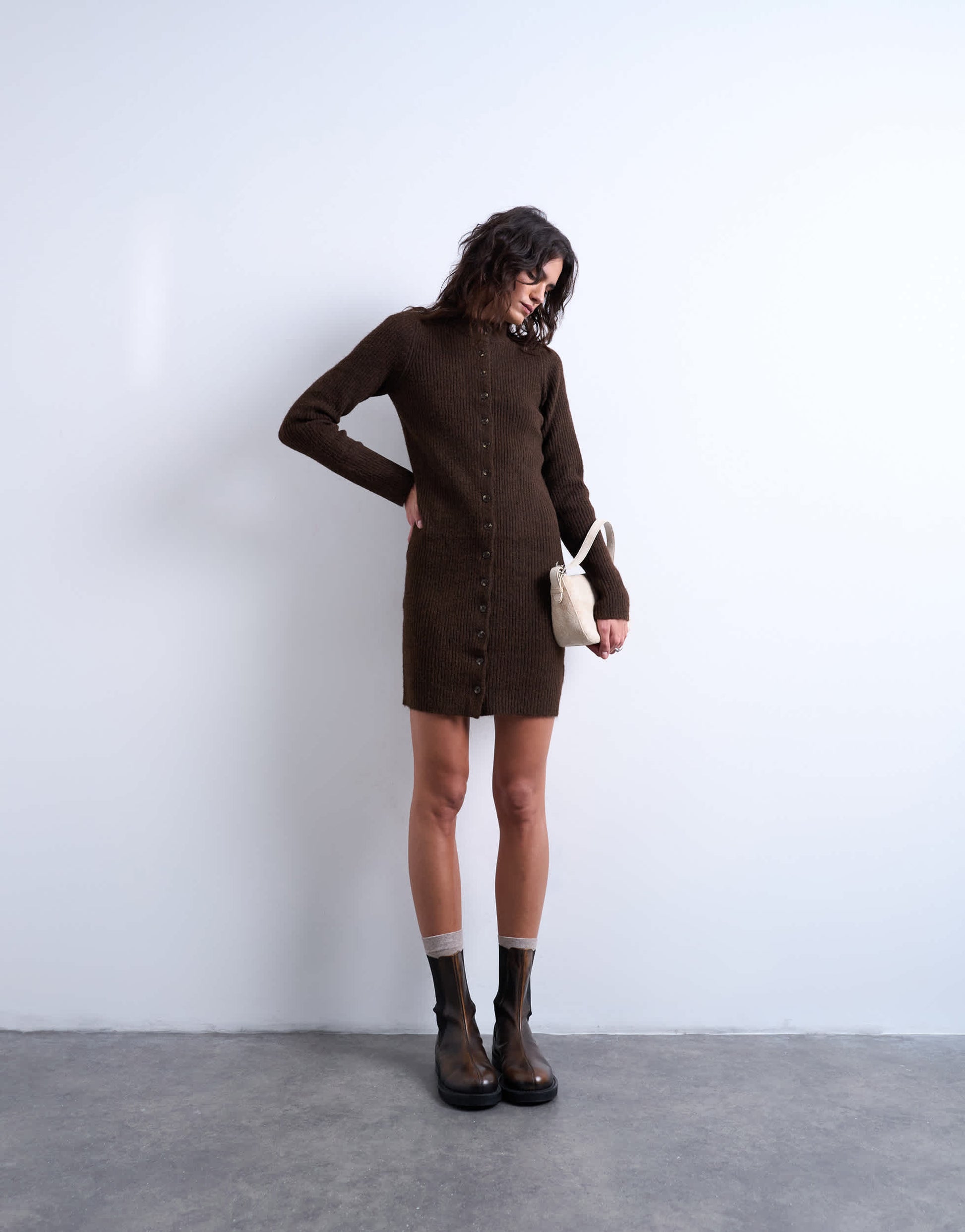 Topshop knitted crew neck button through mini dress in chocolate