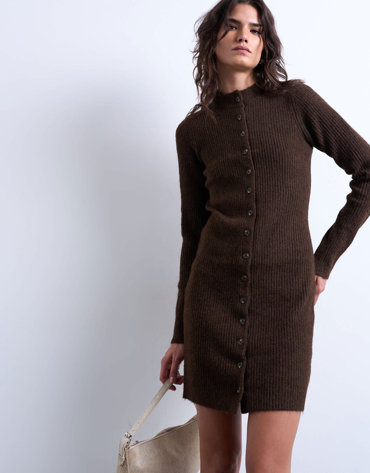 Topshop knitted crew neck button through mini dress in chocolate