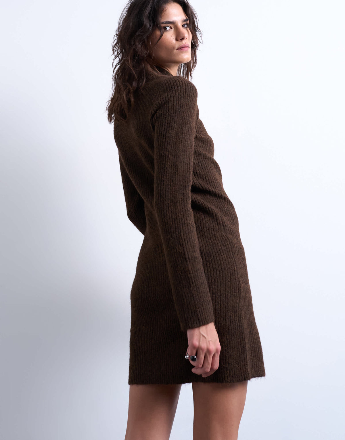 Topshop knitted crew neck button through mini dress in chocolate