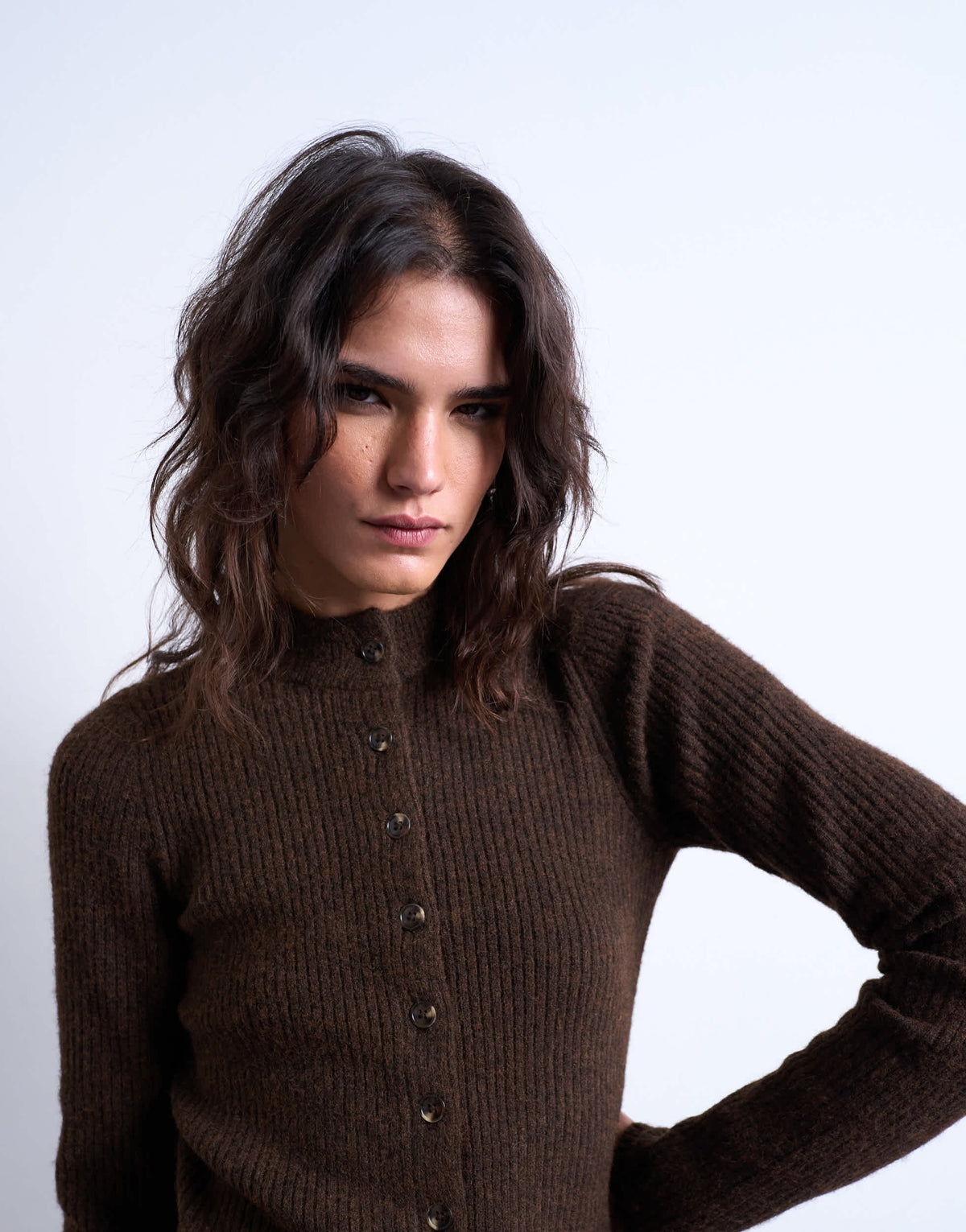 Topshop knitted crew neck button through mini dress in chocolate