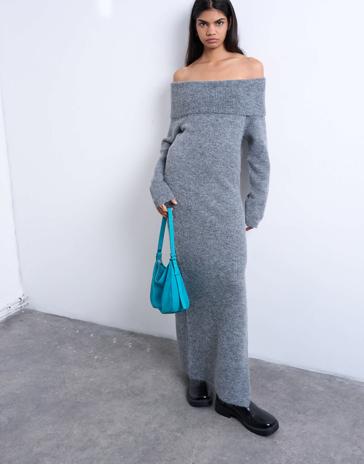 Topshop knitted bardot maxi dress in grey