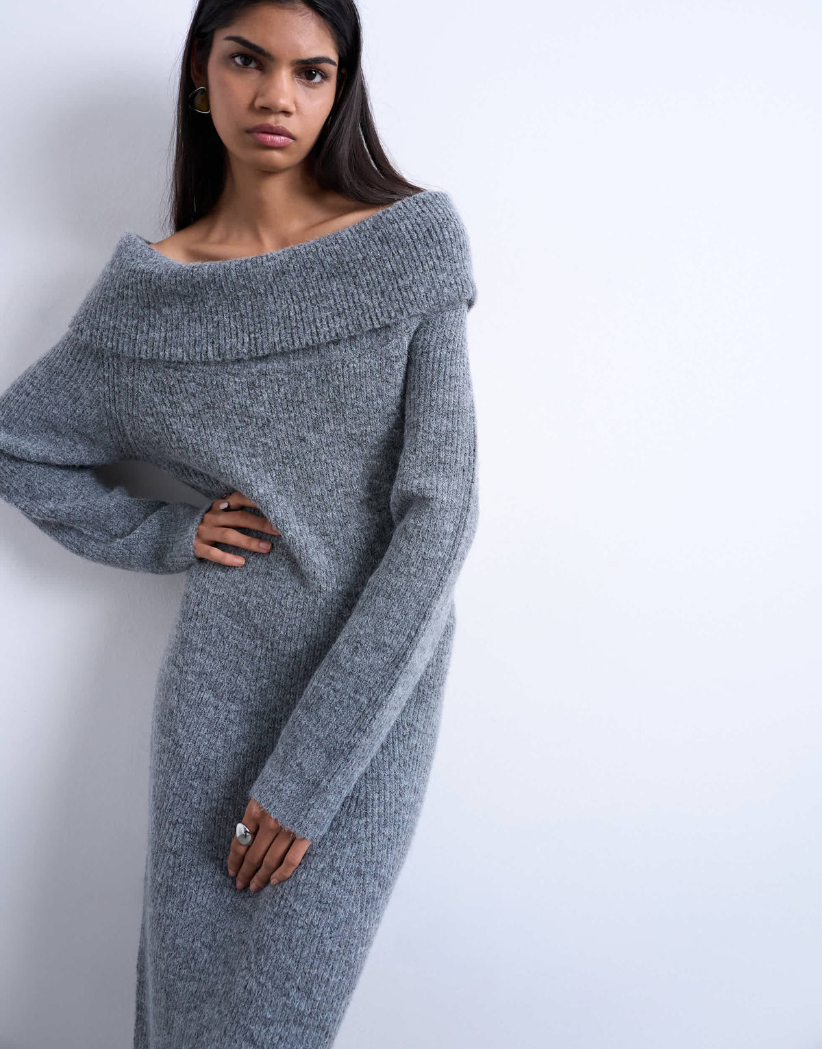 Topshop knitted bardot maxi dress in grey
