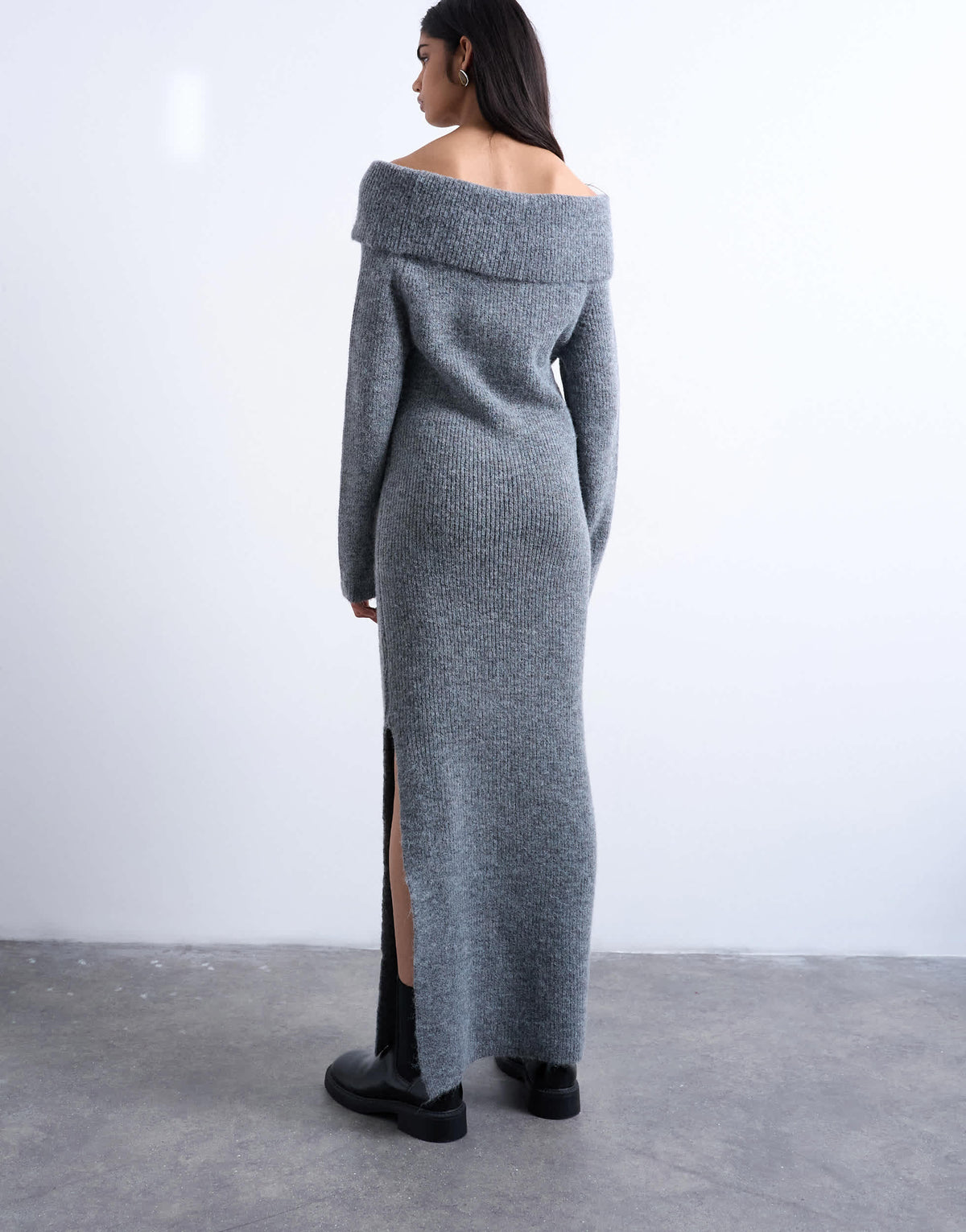 Topshop knitted bardot maxi dress in grey