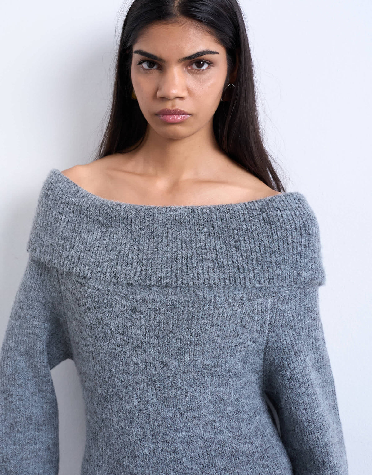 Topshop knitted bardot maxi dress in grey