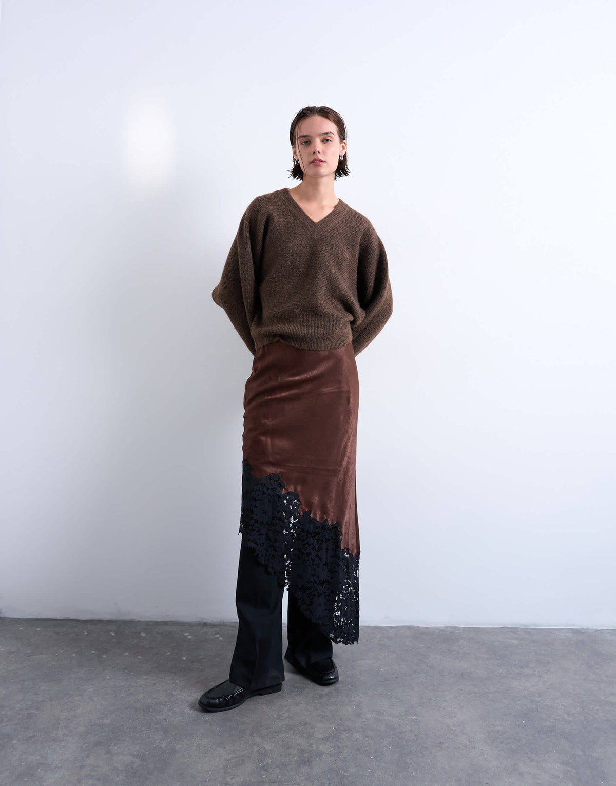 Topshop knitted high v horizontal stitch jumper in brown
