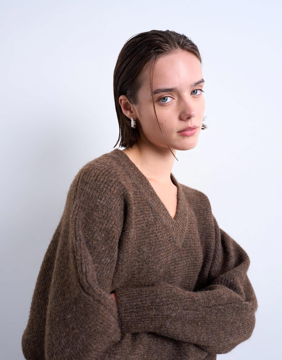 Topshop knitted high v horizontal stitch jumper in brown