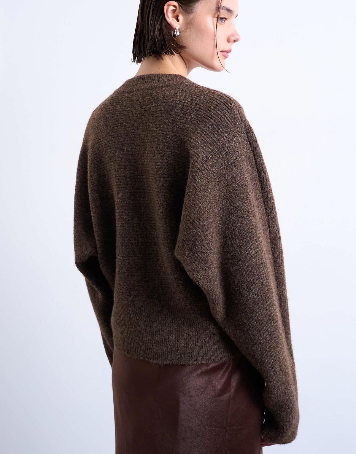 Topshop knitted high v horizontal stitch jumper in brown