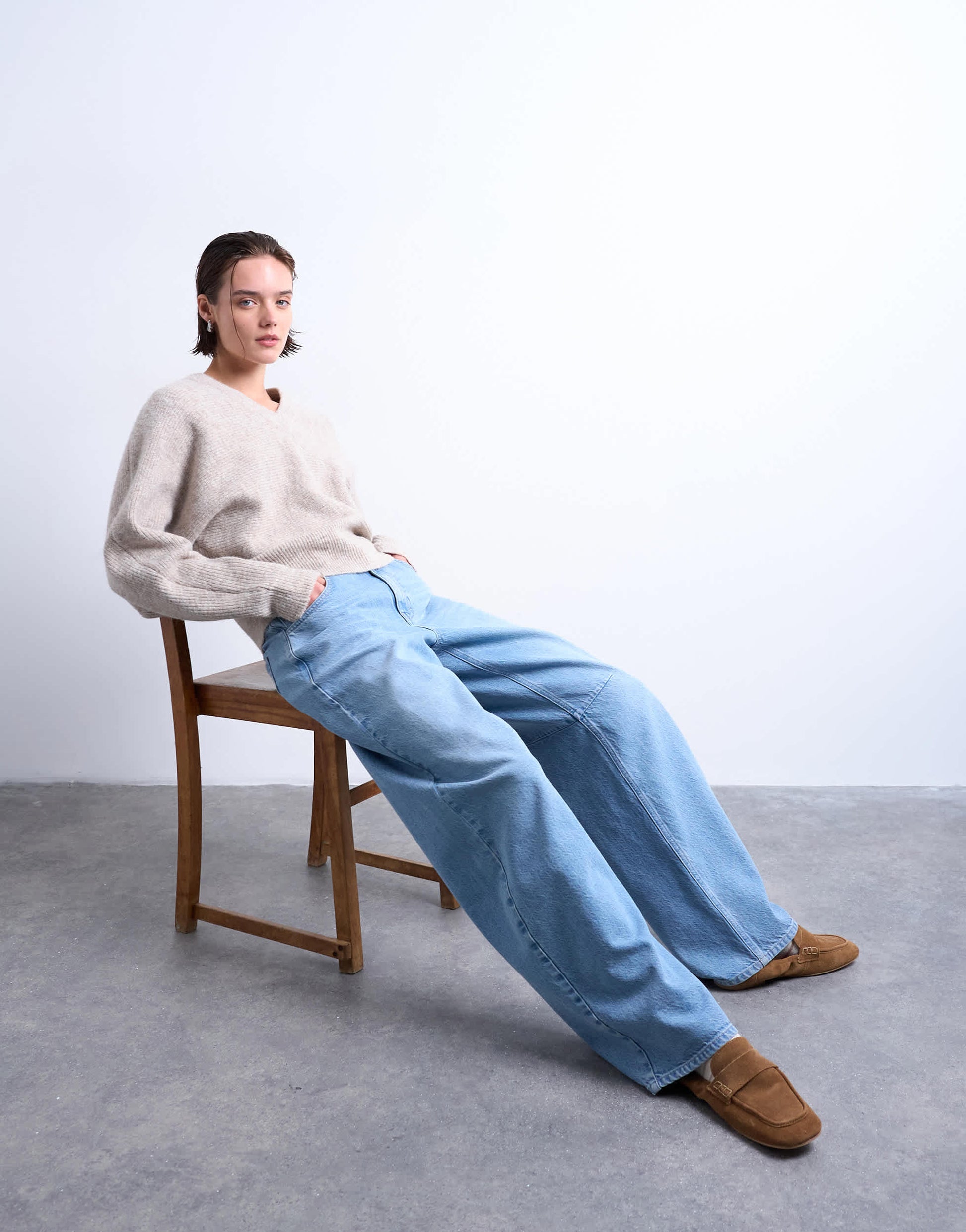 Topshop knitted high v horizontal stitch jumper in oat