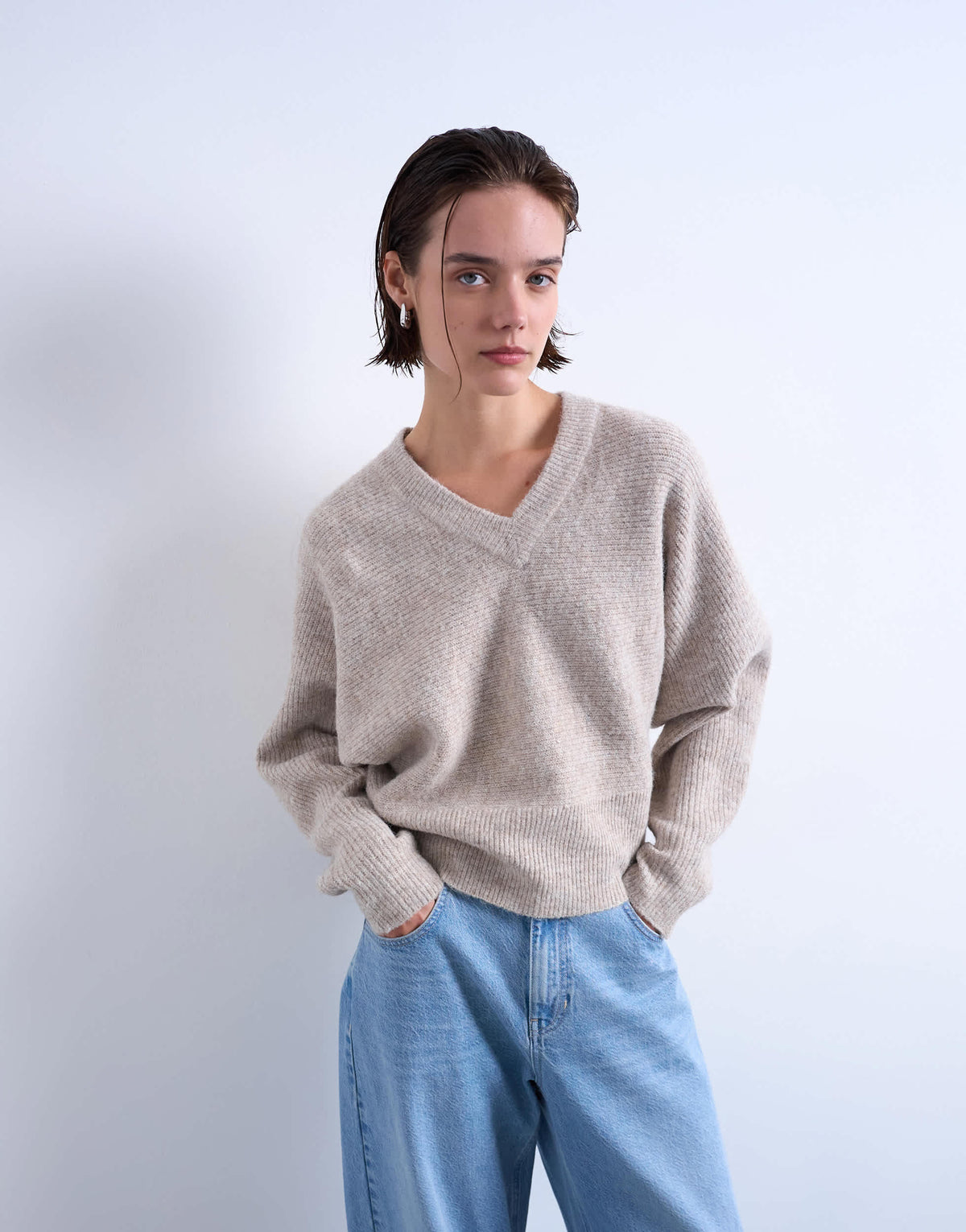 Topshop knitted high v horizontal stitch jumper in oat