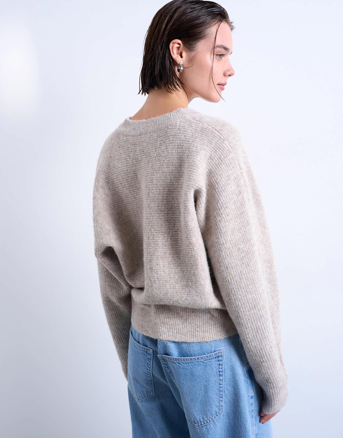 Topshop knitted high v horizontal stitch jumper in oat
