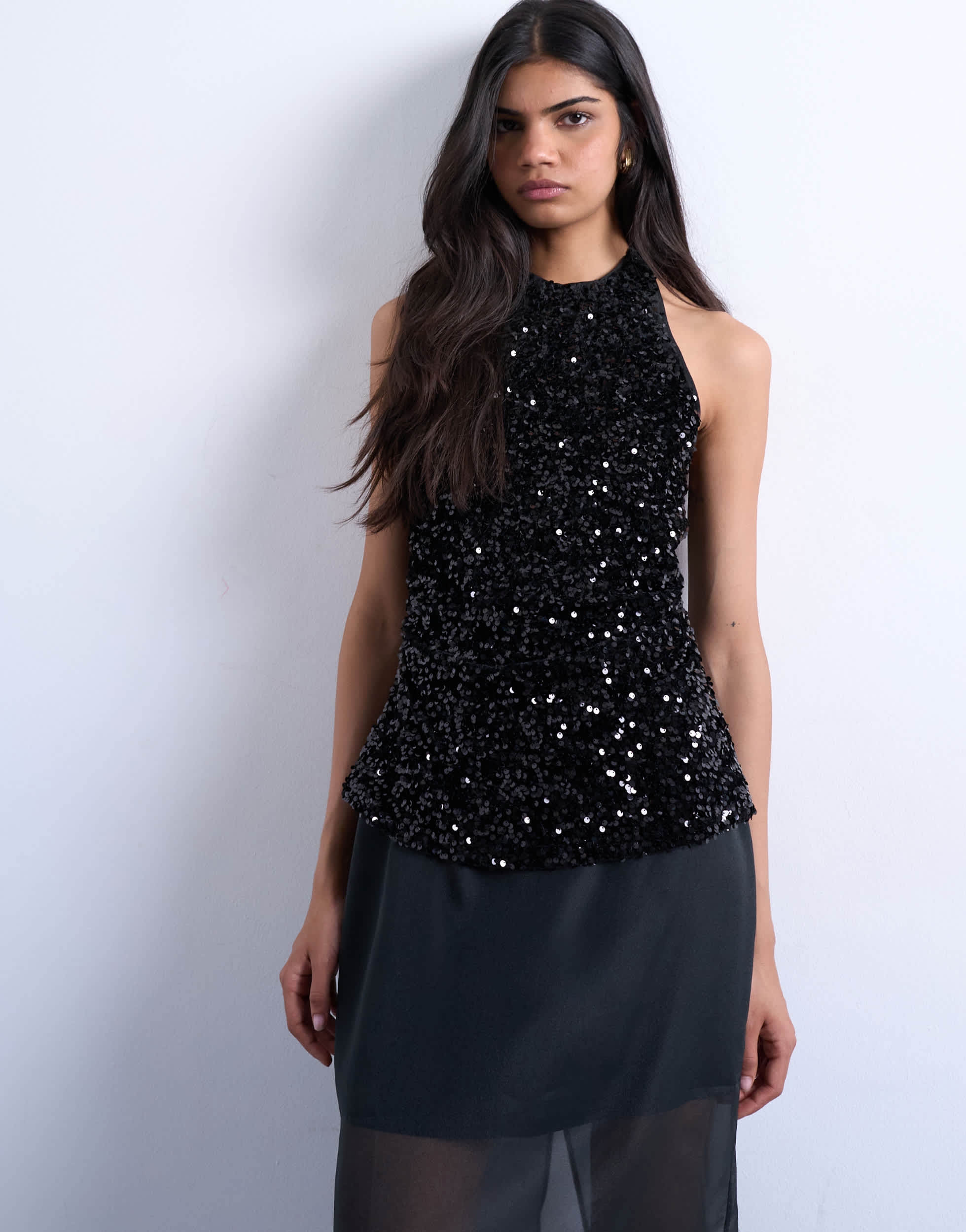Topshop velvet sequin halter top in black