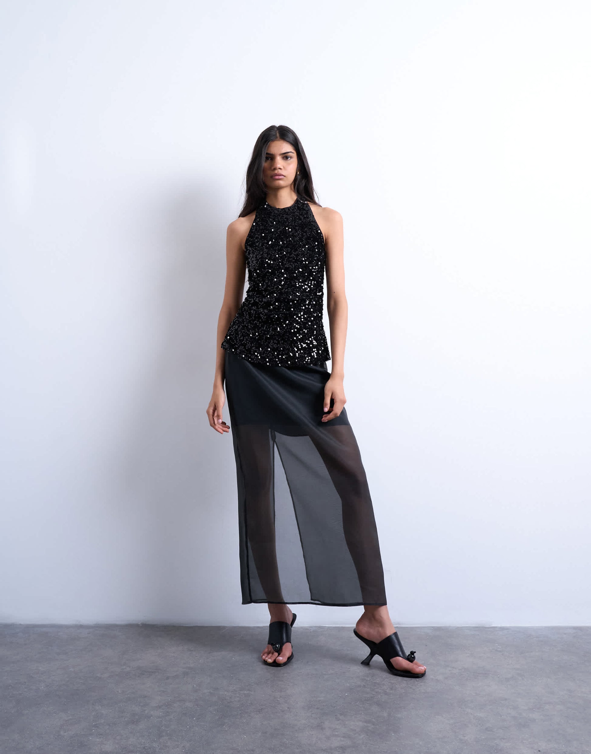 Topshop velvet sequin halter top in black